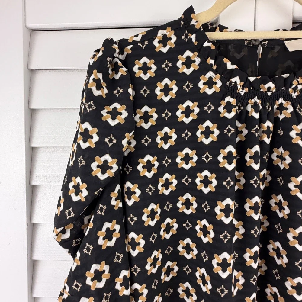 LOFT Blouse XL Black Geometric Ruffle Neck Puff Sleeve NEW